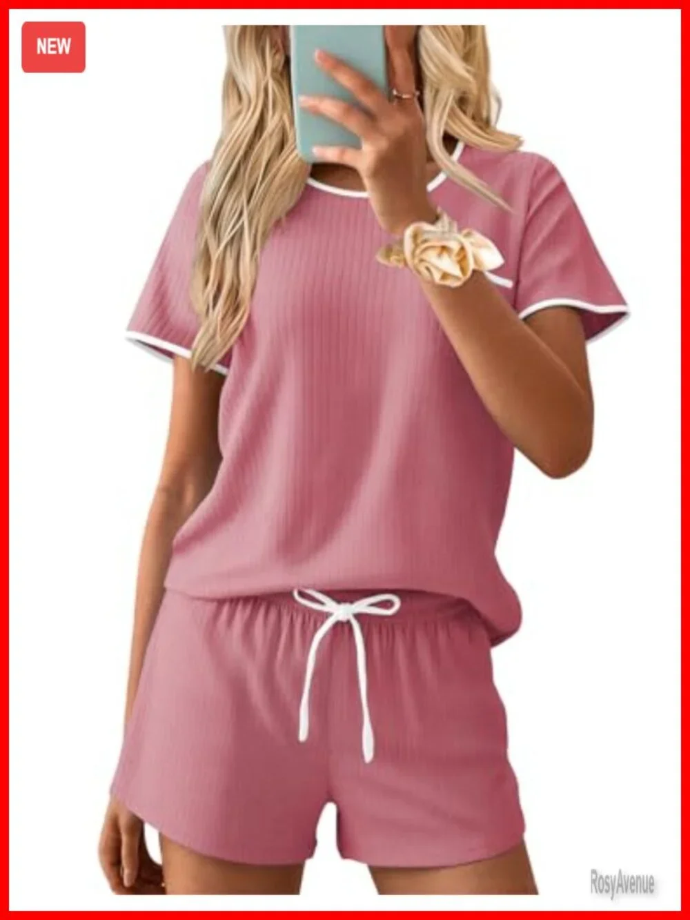 Ribbed Knit Pajama Set Short Sleeve Top and Shorts with Pockets Lounge Sleepwear